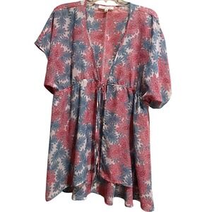 francesca's Women's Kimono M/L Sheer Tie at Waist Pink/Turquoise Short Sleeve